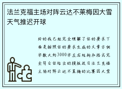 法兰克福主场对阵云达不莱梅因大雪天气推迟开球